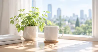 明るい窓辺の観葉植物とカップ