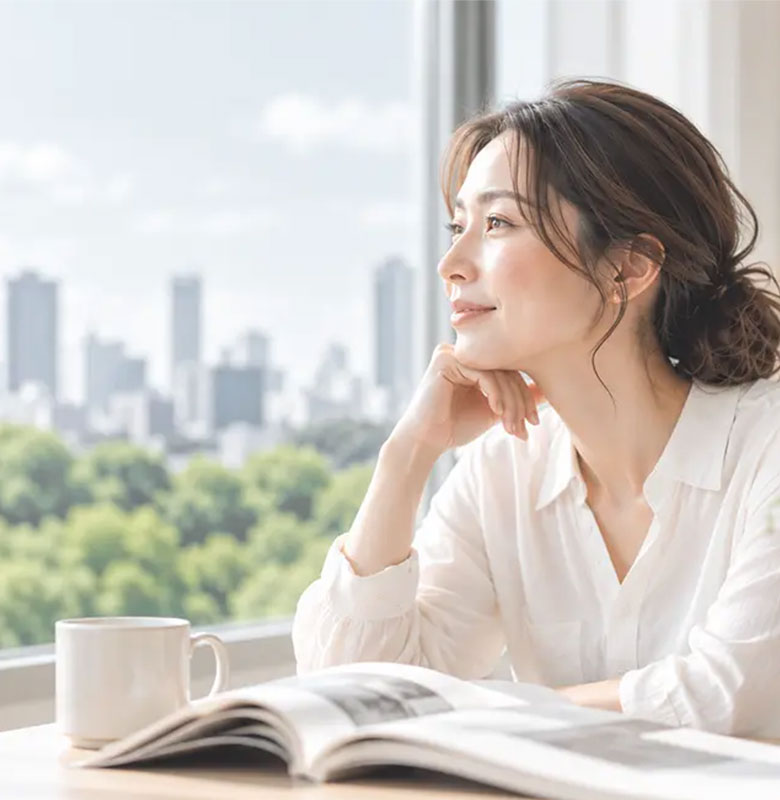 窓の外を眺める女性